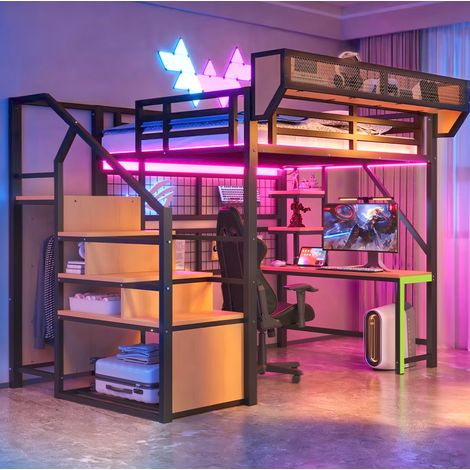 Lit mezzanine 140x200 cm avec bureau, étagères, LED et prises, en métal, noir, sans matelas (1/5)