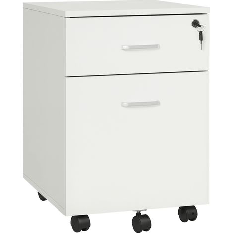 Cassettiera Ufficio a 2 Cassetti con Serratura e 5 Ruote, in Truciolato, 40x49x58 cm, Bianco