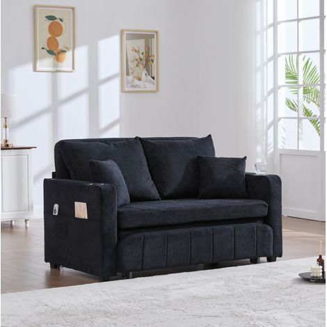 Canapé convertible en chenille noir 139 cm avec poches de rangement (1/5)