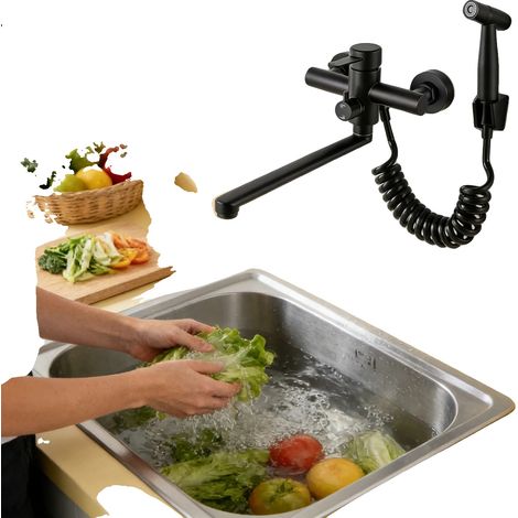 Grifo de cocina con pistola rociadora multifunción, giratorio 360°, color negro. (1/5)
