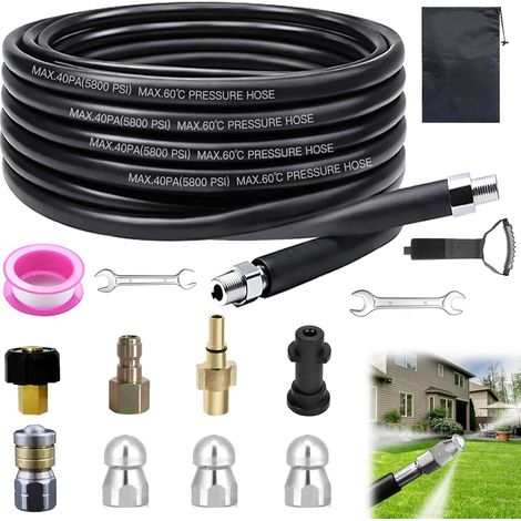 Kit de tuyau de nettoyage de canalisations 15 m, 400 bar, 140 °C, avec adaptateur et buses, kit de nettoyage de canalisations compatible avec Kärcher k2-k7, nettoyeur haute pression