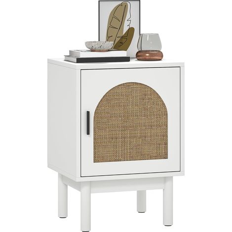 Table de chevet avec avec porte en rotin style bohème réglable et pieds en bois pliable 40 x 35 x 58 cm blanche pour salon rotin, étagère bois, bohème, (1/5)