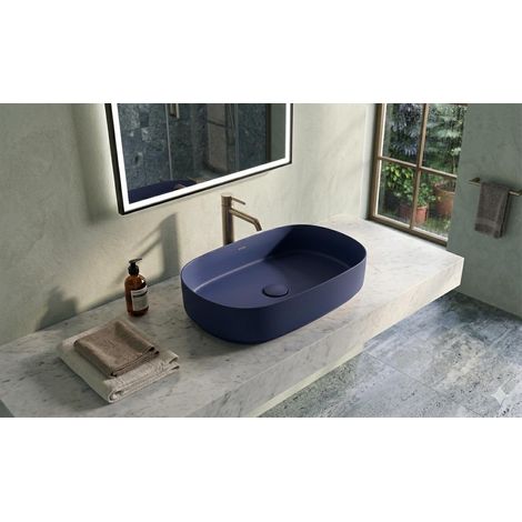 Lavabo ovale da appoggio senza troppo pieno in ceramica senza foro rubinetto - Blu Opaco