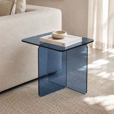 Bout de canapé carré 50x50x45 cm en verre trempé bleu - KURANO (1/3)