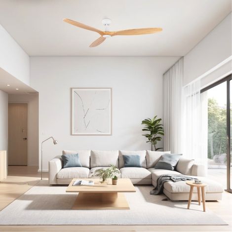 Ventilateur de plafond silencieux Ø152 cm – 3 pales en bois pin FSC – Moteur DC – 6 vitesses – Débit d'air 147 m³/min – Télécommande avec minuterie – Ventyly