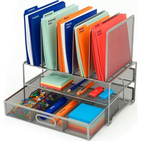 Relaxdays organizador de escritorio, portacarpeta con cajón y 6 compartimentos, 36 x 35 x 24,5 cm, metal, plateado