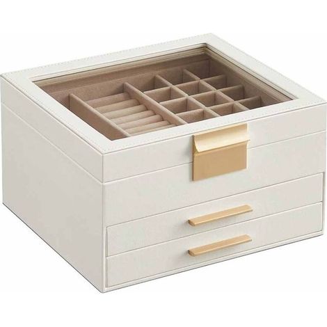 Boîte à Bijoux en Verre à 3 Niveaux avec 2 Tiroirs, Écrin de Rangement Moderne Blanc Nuage et Doré, Idée Cadeau Élégante (1/5)