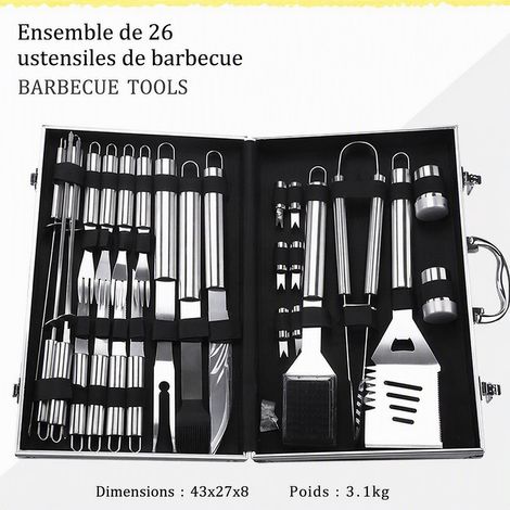 Kit barbecue 26 pièces acier inoxydable, valise aluminium transportable, ustensiles pour grillade camping jardin (1/5)