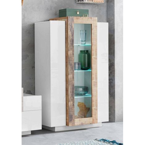 Dmora Vitrina moderna con puerta de cristal, Made in Italy, con luz LED blanca, Aparador con estantes, Vitrina para salón, cm 80x38h121, Blanco brillante y color arce, con embalaje reforzado (1/5)