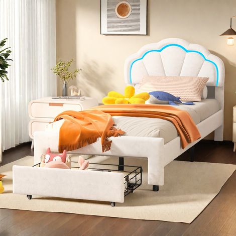 lit enfant 90 x 200cm, lit simple princesse , lit capitonnée avec tiroirs et LED, Tête de lit en forme de fleur, Sommier à lattes, velours, blanc (1/5)