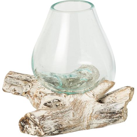 Vase en Verre sur Bois Flotté "Marée" 20cm Transparent