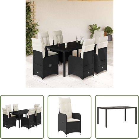 vidaXL Bistro-Set -  7-tlg. Garten-Bistro-Set mit Kissen Schwarz Poly Rattan (1/5)