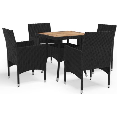 5-tlg. Garten-Essgruppe Schwarz Poly Rattan und Akazienholz