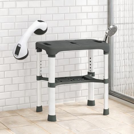 Tabouret de douche réglable avec étagère et barre d'appui gris (1/5)