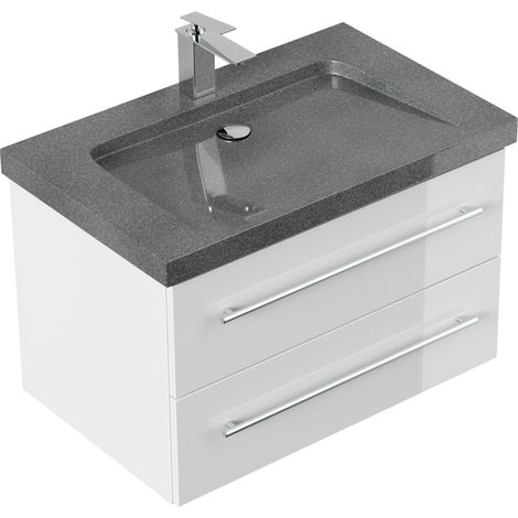 Badmöbel Granit G654 Damo 75cm 1 Hahnloch SoftClose weiß hochglanz