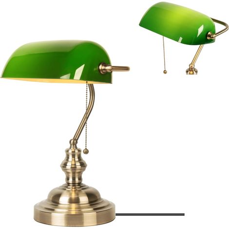 Lampe de Banquier Verte, lampe de bureau, Chevet Rétro, Lecture E27 Lampe de Table, Interrupteur à Tirette en Laiton Vintage Lampe de Chevet pour La Chambre (1/5)