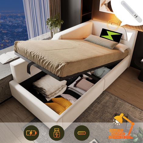 Lit de jour capitonné 90x190cm, canapé-lit avec rangement hydraulique, lampe de lecture et port USB-C, lit enfant, lit ado, sommier à lattes en bois, velours, beige, garantie 2 ans