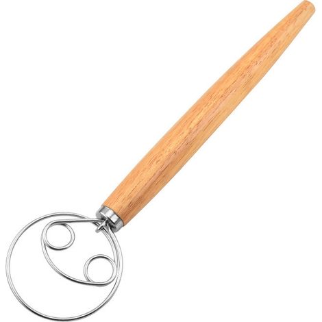 Mélangeur à pâte danois, mélangeur à pâte en acier inoxydable, batteur à main pour pâte à pain hollandais, manche en bois, ustensiles de cuisine pour la fabrication du pain. (1/5)