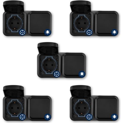 Lot de 5 prises avec interrupteur - Pour pièces humides, montage en saillie, IP55, horizontal, 230 V, 16 A, anthracite (1/5)