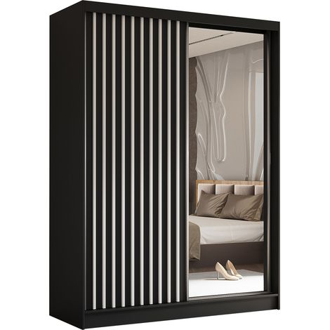 AX LIVING Cabinio Kleiderschrank Schwarz mit Spiegel 160 Weiße Lamell