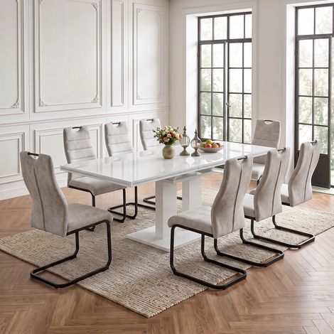 Ensemble de table à manger extensible, table à manger blanche brillante de 140 à 180 cm avec chaises, table de cuisine et de salle à manger moderne à piètement en colonne, idéale pour la salle à mange