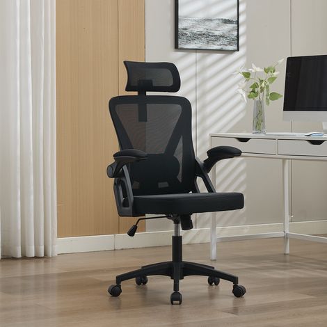 Silla de Oficina Ergonómica, Reposacabezas y Soporte Lumbar Ajustables, Reposabrazos Plegables, Tapizada Negra (1/5)