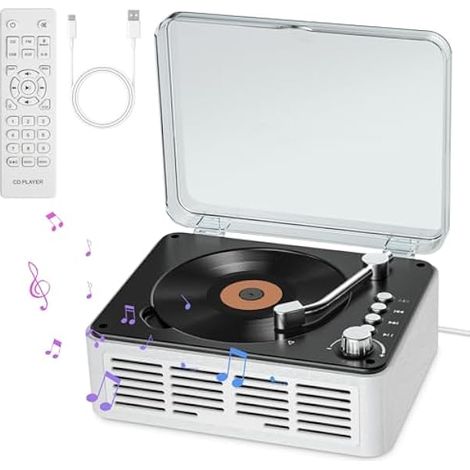 Lecteur CD avec Enceintes Son Stéréo HiFi, Lecteur de CD Vintage Bluetooth pour la Maison, Lecteur CD avec Radio FM et Télécommande, Prend en Charge la Lecture Via USB/AUX/Type-C (Blanc)