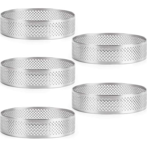 Lot de 5 cercles à pâtisserie perforés - Cercles ronds - Moules à dessert français en métal - Petites coques à tartelettes aux fruits - Coques à tartelettes rondes - 8 cm - Argenté (1/5)