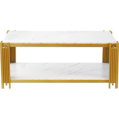 Rechteckiger Couchtisch in Marmoroptik mit Metallbeinen, Weiß/Gold, 114 x 63,5 x 46,3 cm (1/5)
