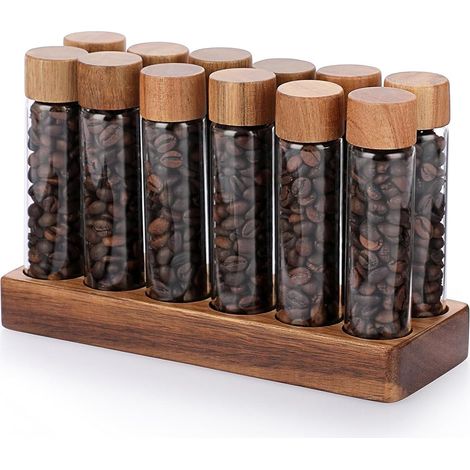 Lot de 12 bocaux de conservation en verre borosilicate pour grains de café, avec support en bois et entonnoir en silicone, boîtes hermétiques pour café, thé et épices, 21 x 8 x 3 cm (1/5)