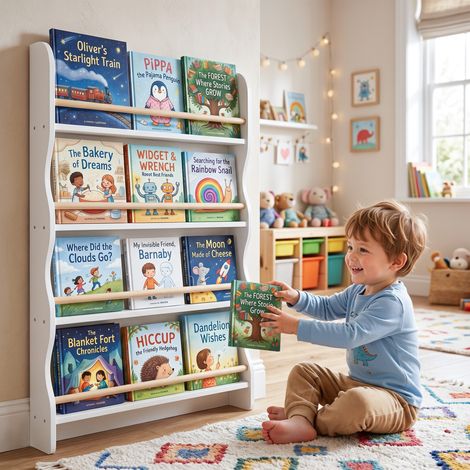 Bibliothèque Murale Enfant, Rangement Livres 4 Niveaux, Blanc, Éveil Lecture (1/5)