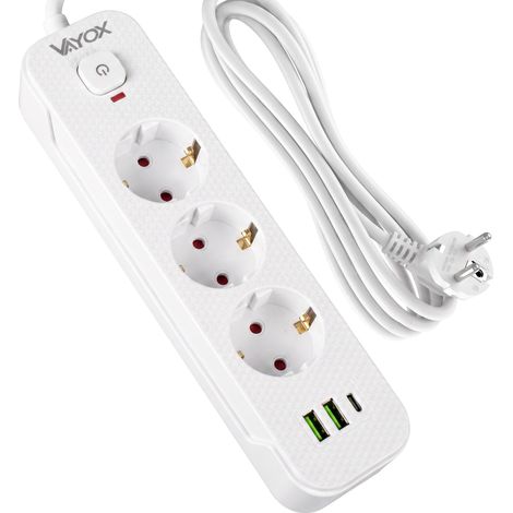 Multiprise Vayox VA0467W-1.5, 3 prises 10 A, 2 ports USB-A, 1 port USB-C 1 A, interrupteur, blanche, 1,5 m (1/5)