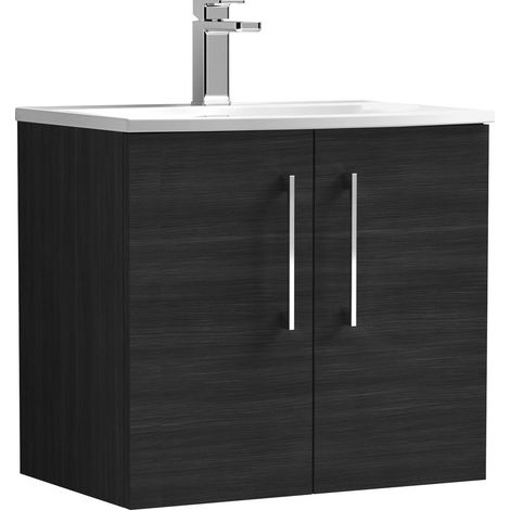 Balterley Modern Bathroom 2 Soft Close Door Wall Hung Vanity & Curved Basin, Charcoal Black, 600mm