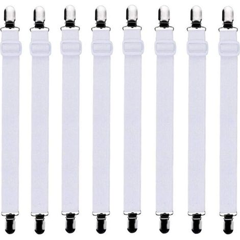 Set di 8 tenditori regolabili per lenzuola con angoli (60-200 cm), cinghie di fissaggio universali per letti e materassi, accessori per la biancheria da letto bianchi (1/4)