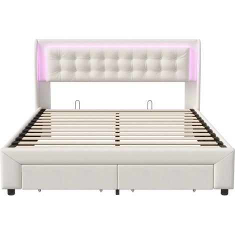 Cama con canapé y cajones 140 x 190 cm beige de terciopelo (1/5)