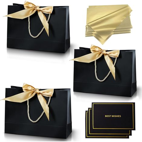 3 pièces Sacs Cadeau Noir,Pochettes Cadeau en Papier Moyen avec Anse,Emballage Cadeaux avec Ruban d'Arc 3 Cartes 6 Mouchoirs,pour Anniversaires Mariages Fêtes Noël Paquet Luxe Elégantes (1/5)