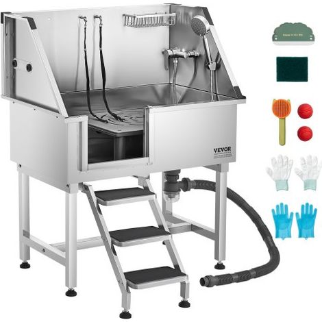 Baignoire de Chien Acier Inoxydable, Baignoire de Toilettage pour Animaux de Compagnie 96 cm Station de Lavage Chat, avec Escalier à Droite, Robinet, Pommeau de Douche, Porte-savon, Porte Gauche (1/3)