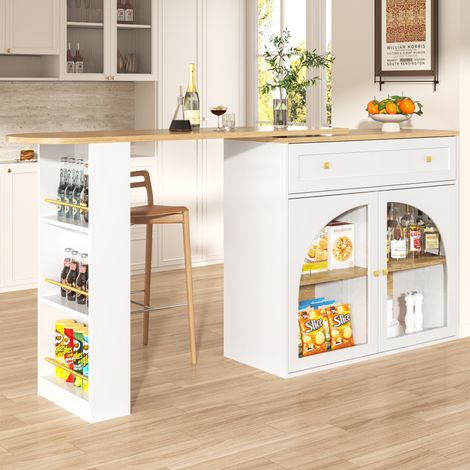 Aparador de cocina giratoria de 360° 138-204x39x104cm con almacen estantes vidrio color blanco cocina sala comed (1/5)