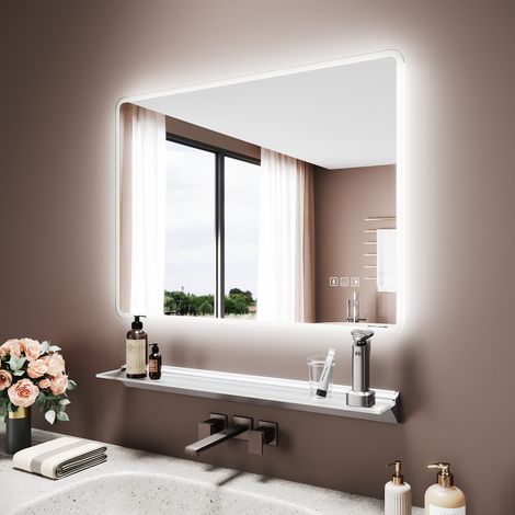 SIRHONA Miroir lumineux de salle de bain avec étagère éclairée - Miroir de salle de bain carré antibuée avec Bluetooth et éclairage tricolore, prise électrique intégrée, 80 x 60 cm