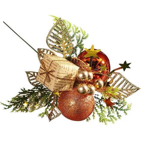 Décoration de sapin de Noël : tige artificielle pailletée couleur champagne, boîte cadeau, pomme de pin, baies et feuilles artificielles pour couronne de Noël. (1/2)