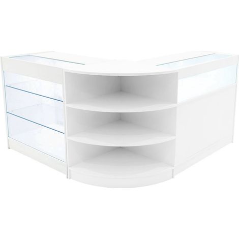 Set Mostradores Comerciales "DEMETER"   Blanco  K900+B900+LM60  MDF y vidrio templado  Estantes y puertas corredizas con cerradura  Fácil Montaje  Mostrador Recepción Expositor Comercial Mesa