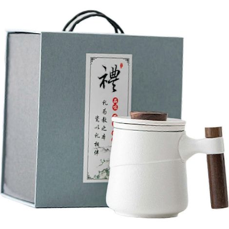 Teebecher mit Deckel, 390 ml, Retro-Keramik, mit Teesieb, Holzgriff zum Aufbrühen von losem Tee, Geschenkverpackung-White Gift Box (1/5)