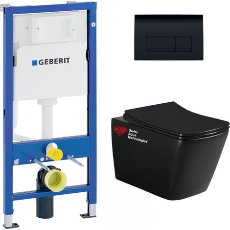 Pack WC suspendu sans bride – Bâti-support Geberit Duofix UP100 – Cuvette design noir mat – Abattant SoftClose – SKU SBLINFIGEB7 (1/5)