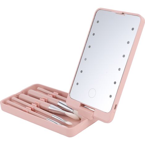 Miroir lumineux LED avec pinceau de maquillage rotatif à 360°, idéal pour les voyages. Comprend un ensemble de pinceaux et des commandes tactiles pour une luminosité réglable. Couleur : rose. (1/5)