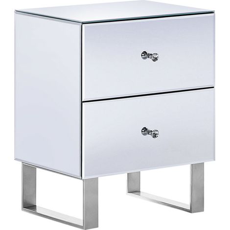 Mesa de noche de vidrio plateado 48 x 35 cm 2 cajones espejado pomo glamour Nesle