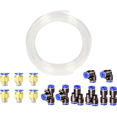 10 m Polyurethane Pneumatic Hose 12 mm Trasparent PU Air Hose with 14 8 mm Pneumatic Connectors (2 Straight, 2 Elbows, 2 T-Connections, 2 Y-Separators, 6 Male Threaded Fittings) (1/4)