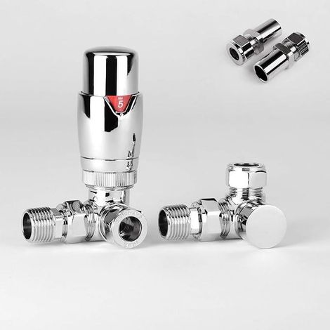 Kiev Corner Designer Thermostatic Radiator Valve TRV with Sofia Lockshield with 15mm to 8mm Pipe Reducer