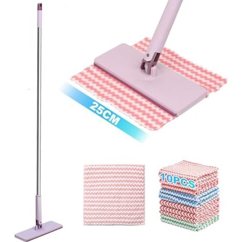 Balai-serpillère jetable avec clip, grande tête pivotante de 25 cm, manche plat de 125 cm, 10 lingettes lavables (1/5)