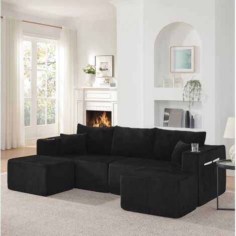 Modulares 3-Sitzer-Ecksofa mit 2 Hockern, schwarz HAVRYA (1/5)