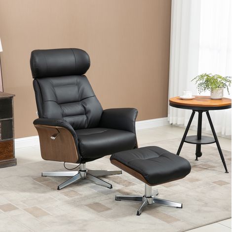 Poltrona relax girevole con poggiapiedi, reclinabile 100°-135°, 150 kg, ecopelle nera OKMYHOME (1/5)